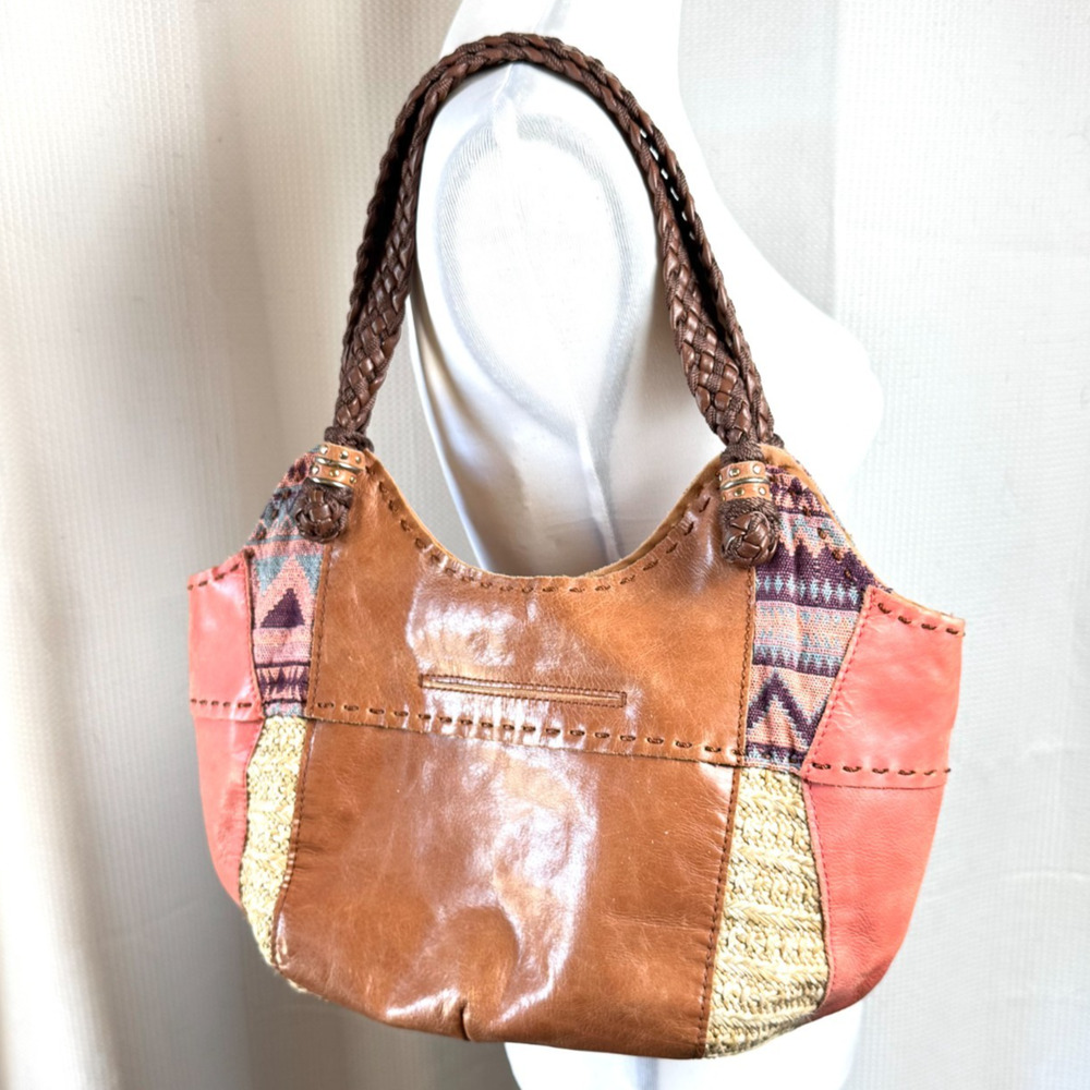 The Sak Indio Leather Boho Hobo Shoulder Bag Patchwork Satchel Woven Peach EUC
